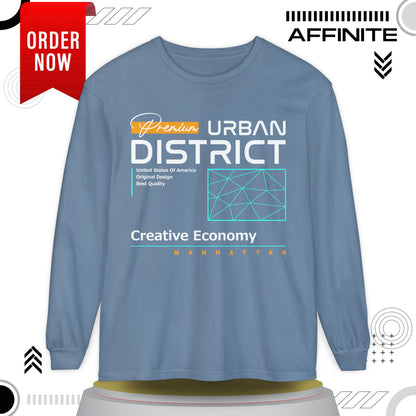 Long-sleeve Urban District Long Sleeve T-Shirt - Vintage Graphic Tee, Casual Wear, Creative Economy, Unisex Fashion, Gift for Art Lovers Blue Jean