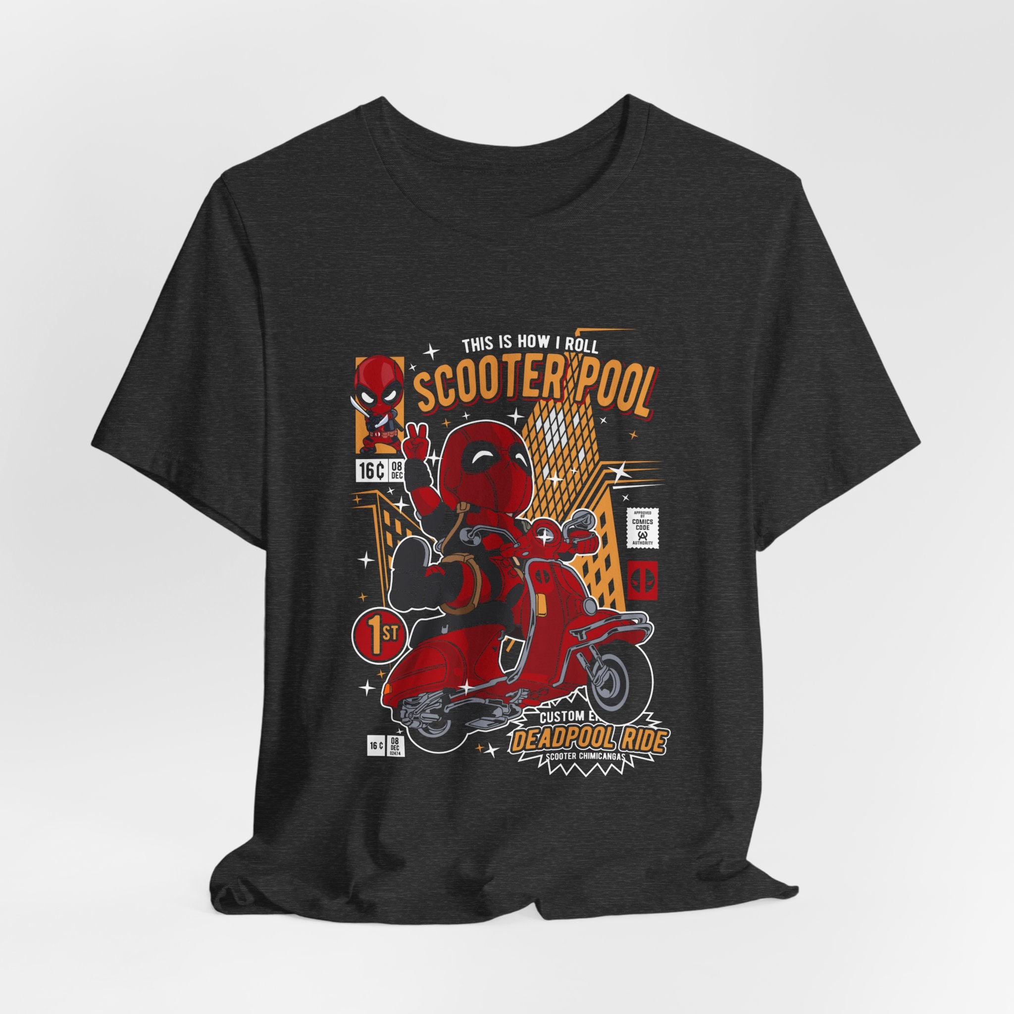 Deadpool Scooter Short Sleeve Tee – Fun, Unisex Graphic T-Shirt for Fans