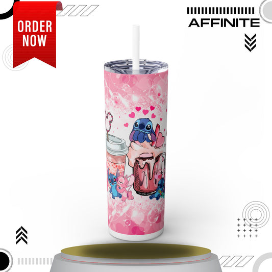 Tumblers Cute Stitch Cartoon Skinny Tumbler with Straw - 20oz - Pink Love Theme