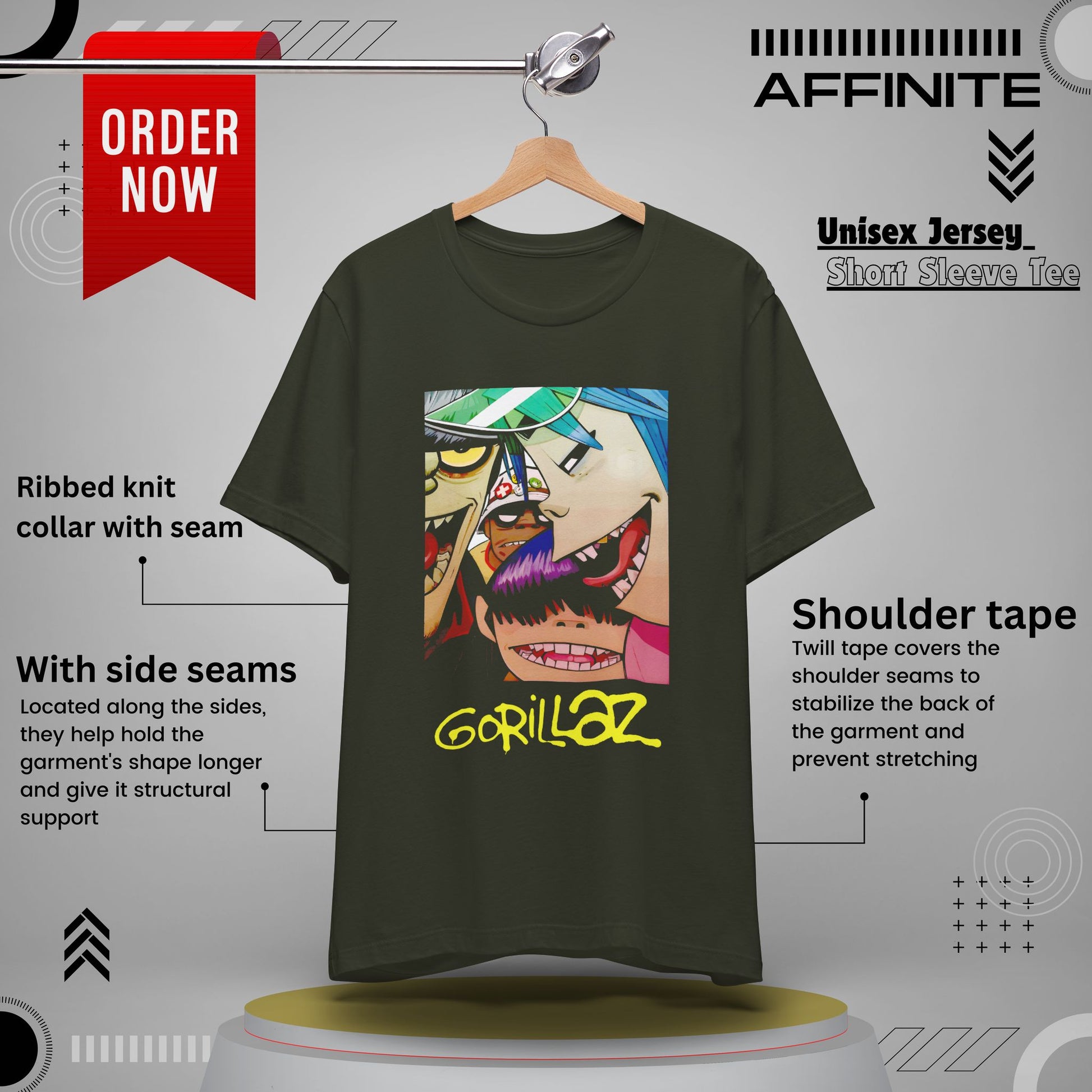 T-Shirt Gorillaz T-Shirt - Streetwear Unisex Band Tee for Music Fans (100% Cotton) Dark Olive