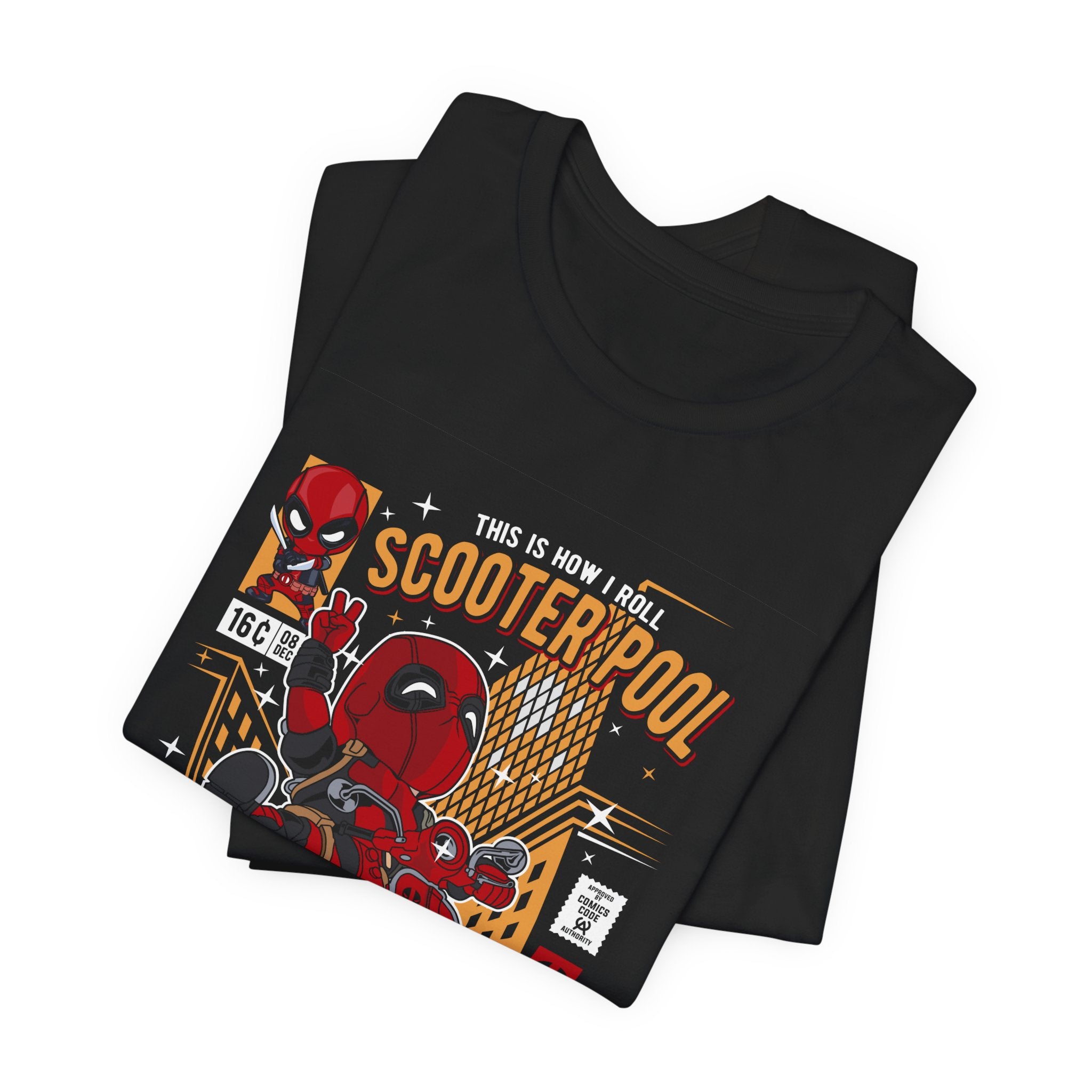 Deadpool Scooter Short Sleeve Tee – Fun, Unisex Graphic T-Shirt for Fans