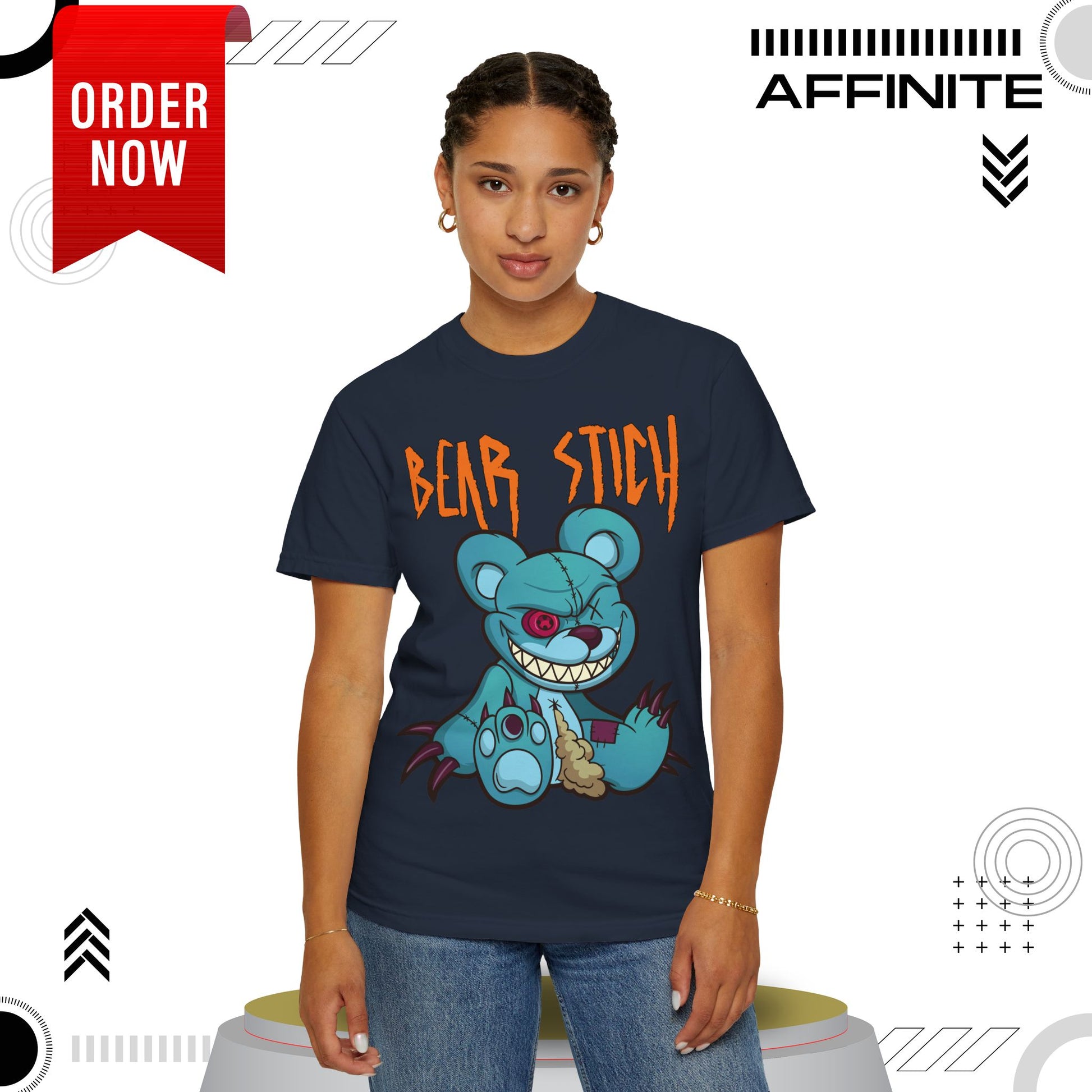 T-Shirt Bear Stick T-Shirt - Fun Garment-Dyed Graphic Tee (S-4XL) | Comfort Colors® Navy