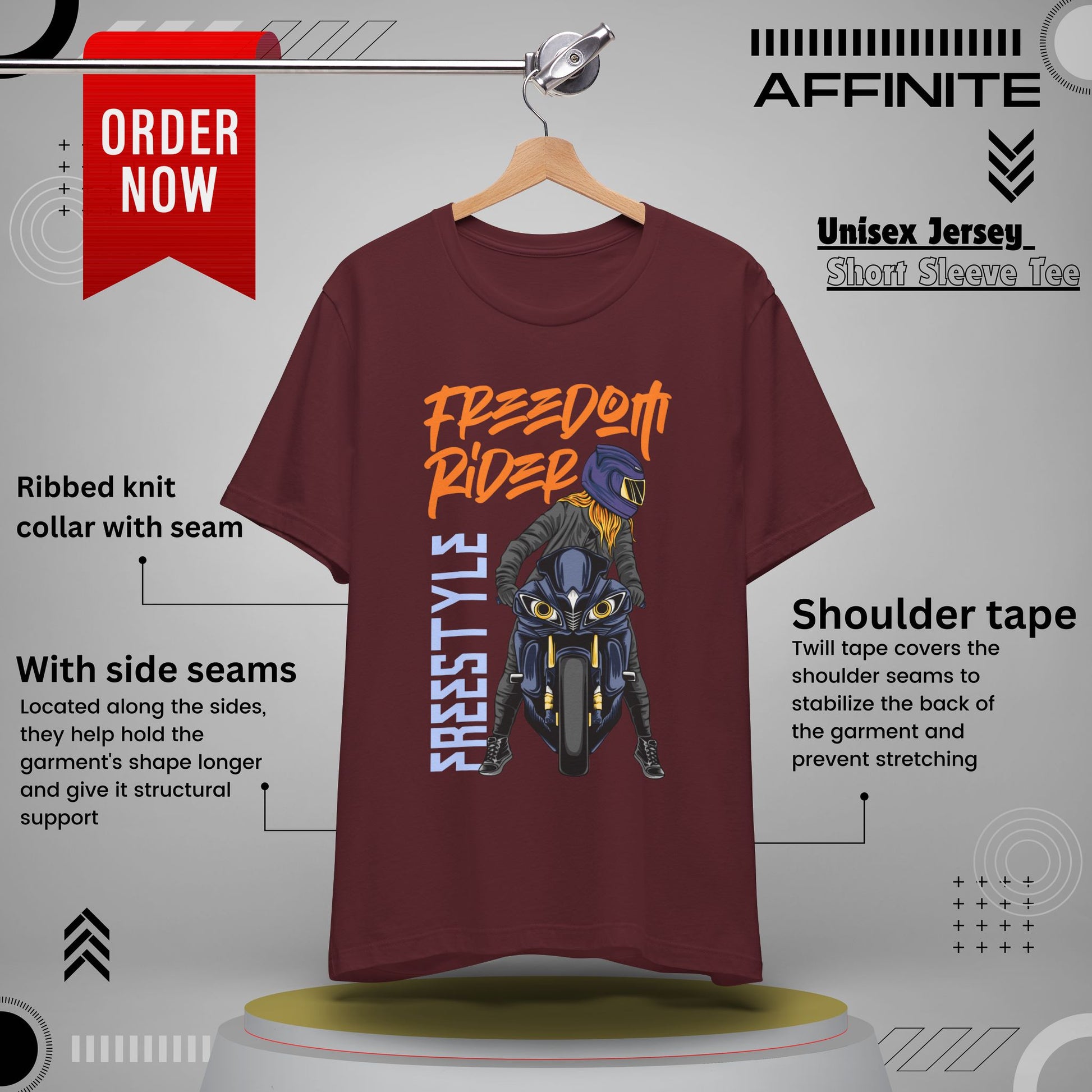 T-Shirt Freedom Rider Motorbike Unisex Short Sleeve Tee - Stylish & Bold Biker Tee Maroon