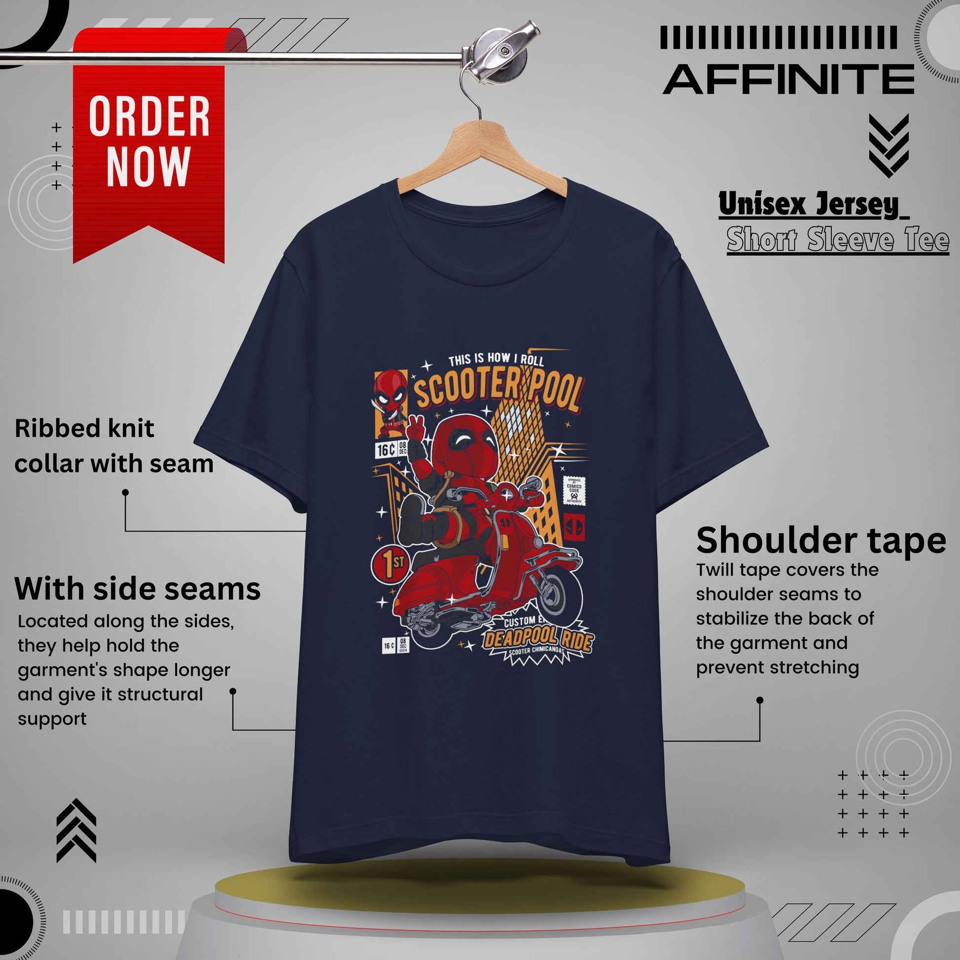 T-Shirt Deadpool Scooter Short Sleeve Tee – Fun, Unisex Graphic T-Shirt for Fans Navy