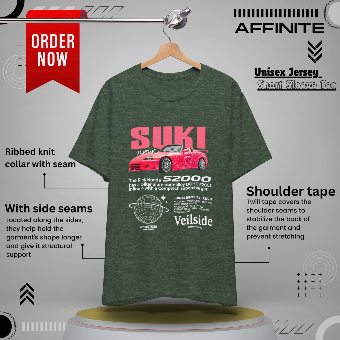 T-Shirt Unisex Graphic Tee - Suki's Pink Honda S2000 Design, Fast Car Anime T-Shirt, Retro Japanese by Bella+Canvas Heather Forest