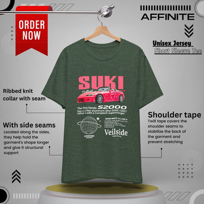 T-Shirt Unisex Graphic Tee - Suki's Pink Honda S2000 Design, Fast Car Anime T-Shirt, Retro Japanese by Bella+Canvas Heather Forest
