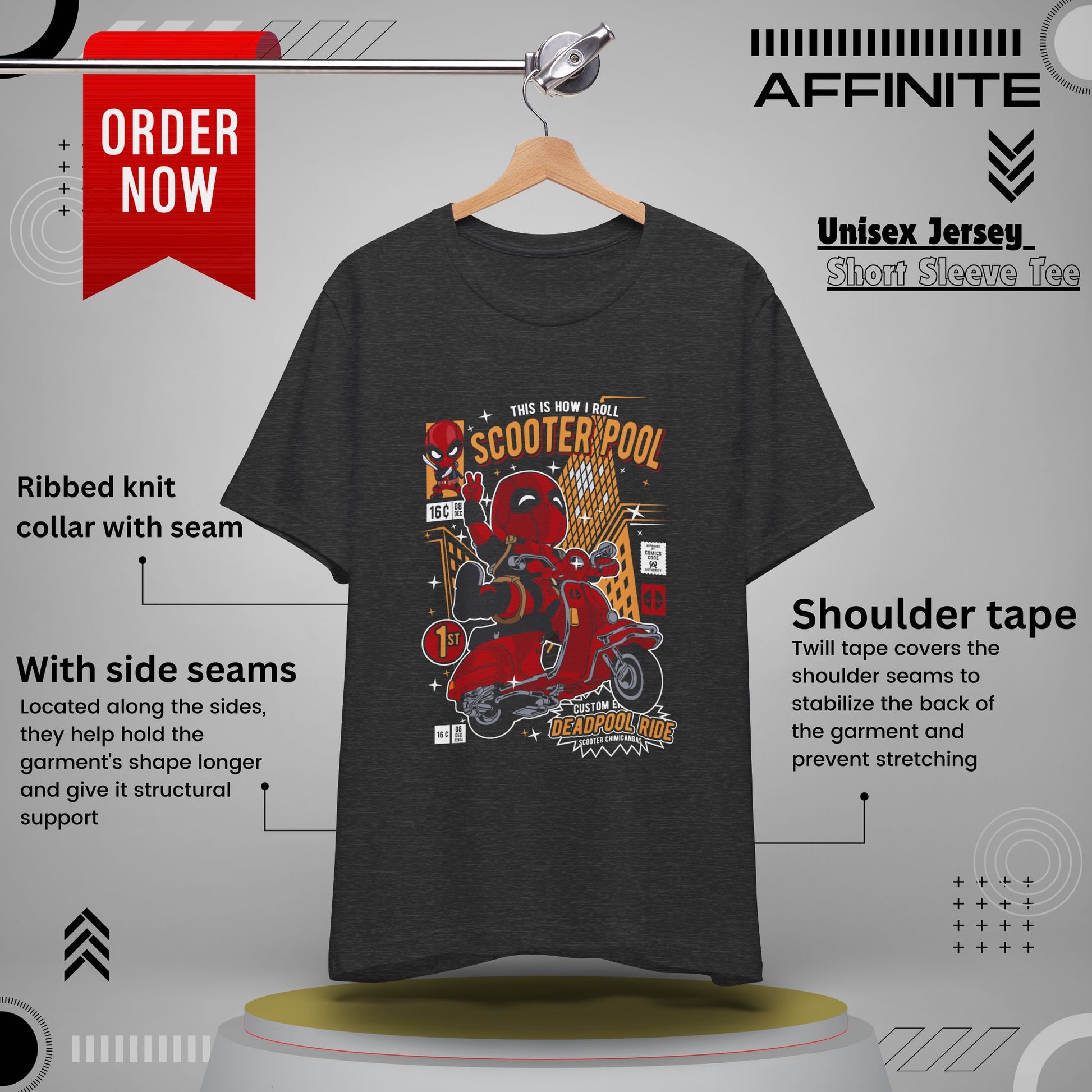 T-Shirt Deadpool Scooter Short Sleeve Tee – Fun, Unisex Graphic T-Shirt for Fans Dark Grey Heather