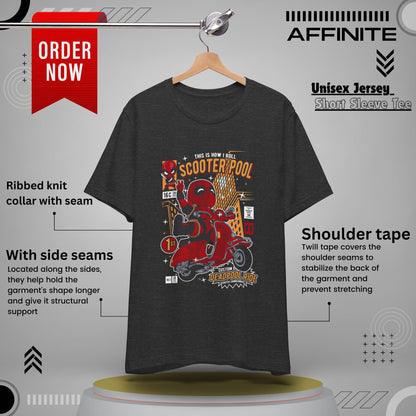 T-Shirt Deadpool Scooter Short Sleeve Tee – Fun, Unisex Graphic T-Shirt for Fans Dark Grey Heather