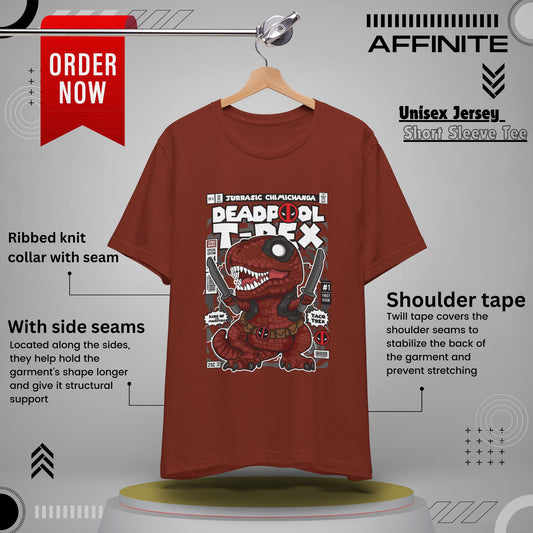 T-Shirt Deadpool T-Rex Unisex Jersey Tee - Fun Graphic T-Shirt for Comic Fans - Jurassic Chichanga Rust