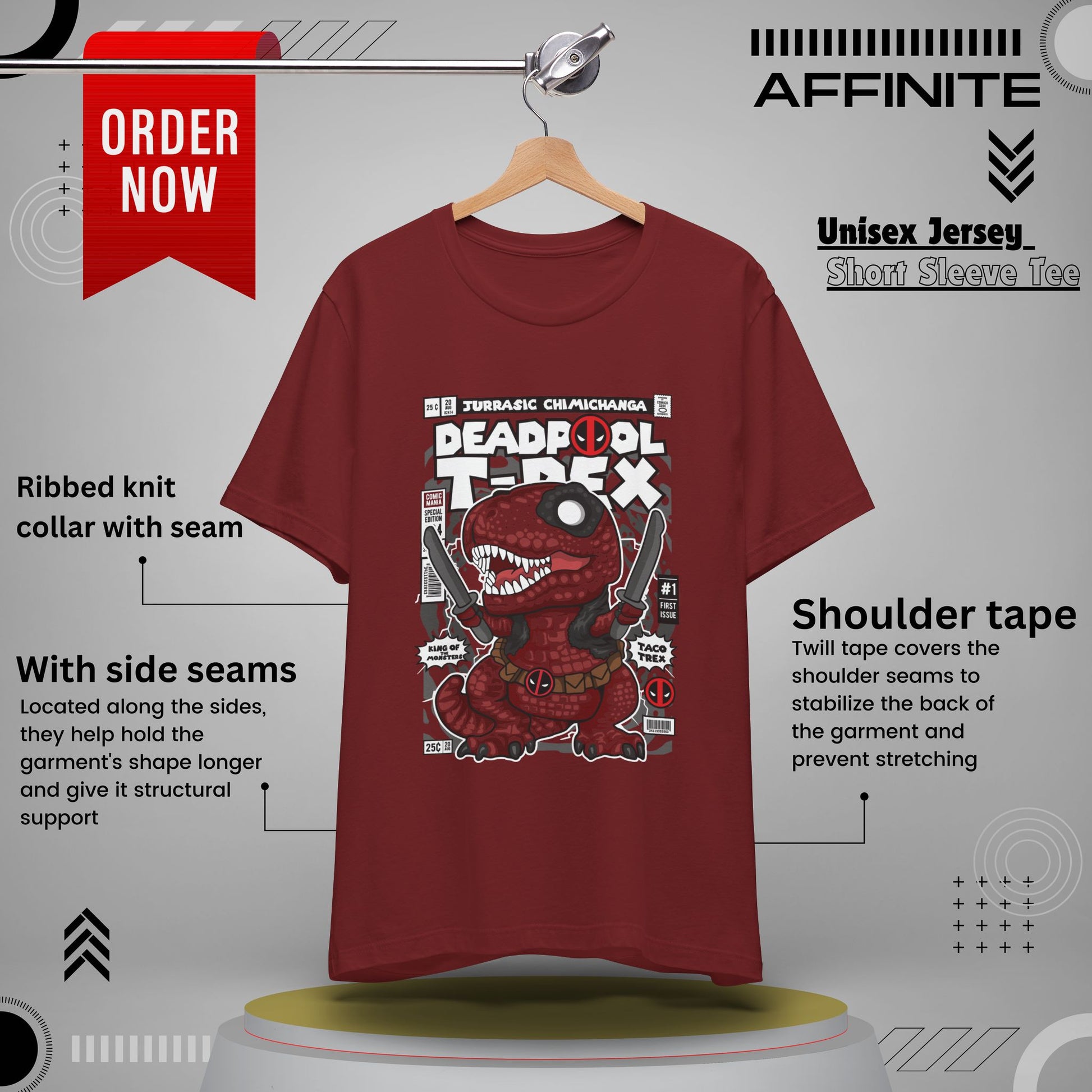 T-Shirt Deadpool T-Rex Unisex Jersey Tee - Fun Graphic T-Shirt for Comic Fans - Jurassic Chichanga Cardinal