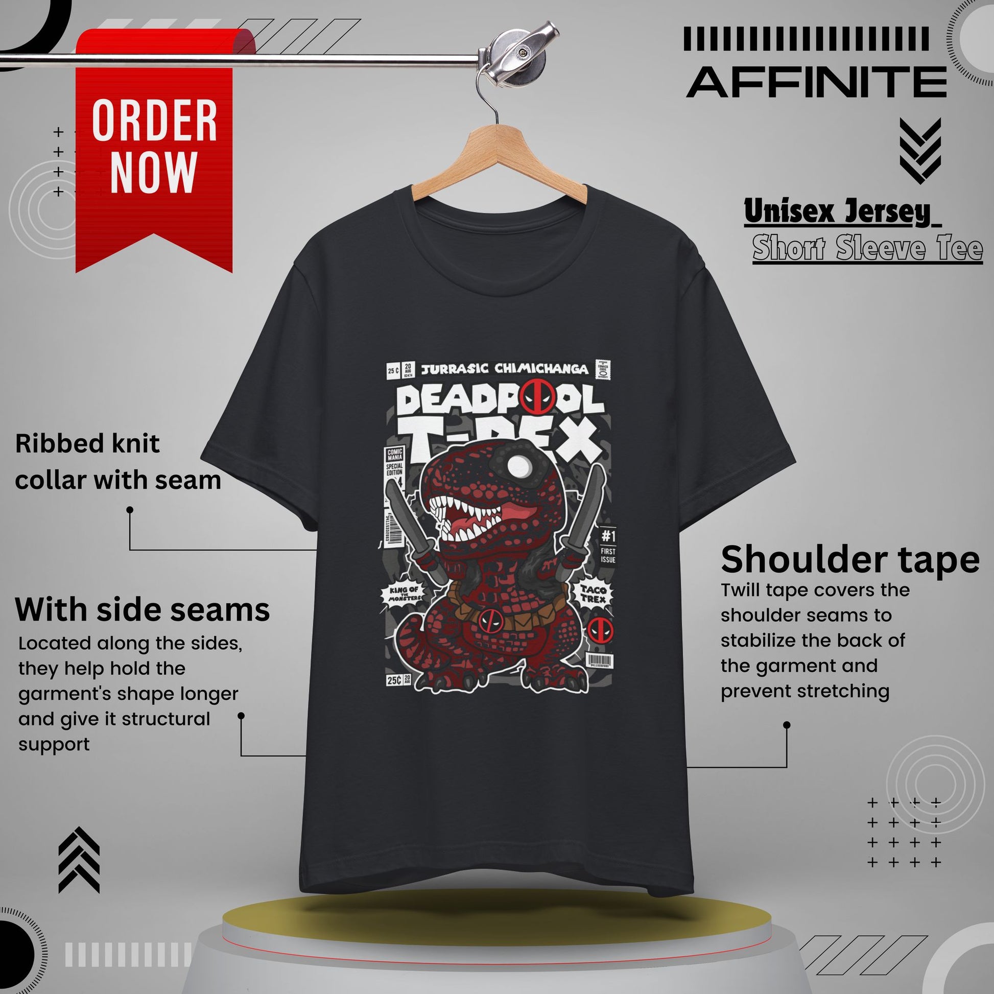 T-Shirt Deadpool T-Rex Unisex Jersey Tee - Fun Graphic T-Shirt for Comic Fans - Jurassic Chichanga Vintage Black