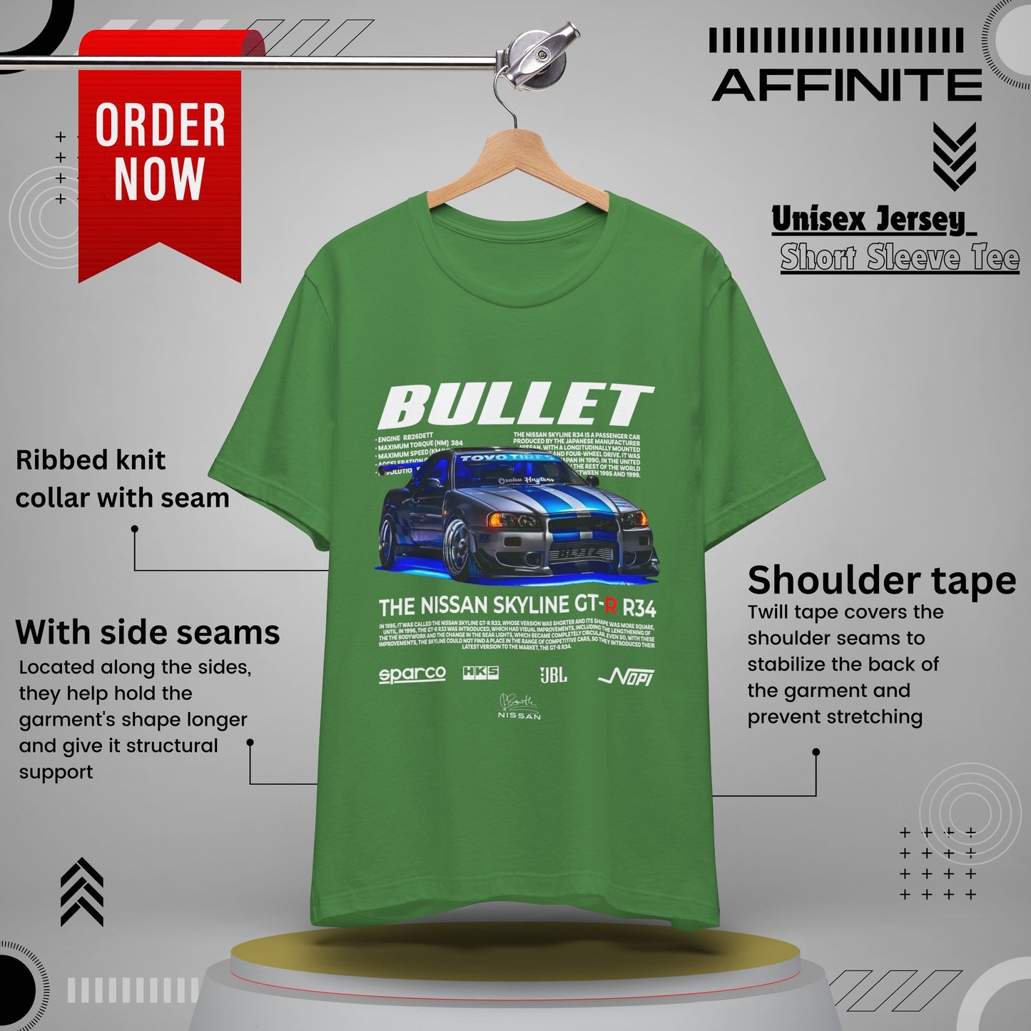 T-Shirt Nissan Skyline GT-R R34 Graphic Tee – Unisex Car Enthusiast T-Shirt – JDM Racing Gift for Him or Her Leaf