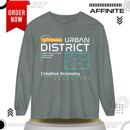 Long-sleeve Urban District Long Sleeve T-Shirt - Vintage Graphic Tee, Casual Wear, Creative Economy, Unisex Fashion, Gift for Art Lovers Grey