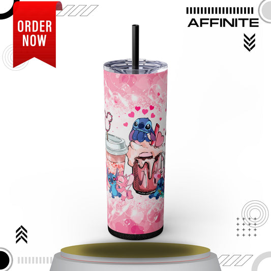 Tumblers Cute Stitch Cartoon Skinny Tumbler with Straw - 20oz - Pink Love Theme Glossy Glitter Black 20oz