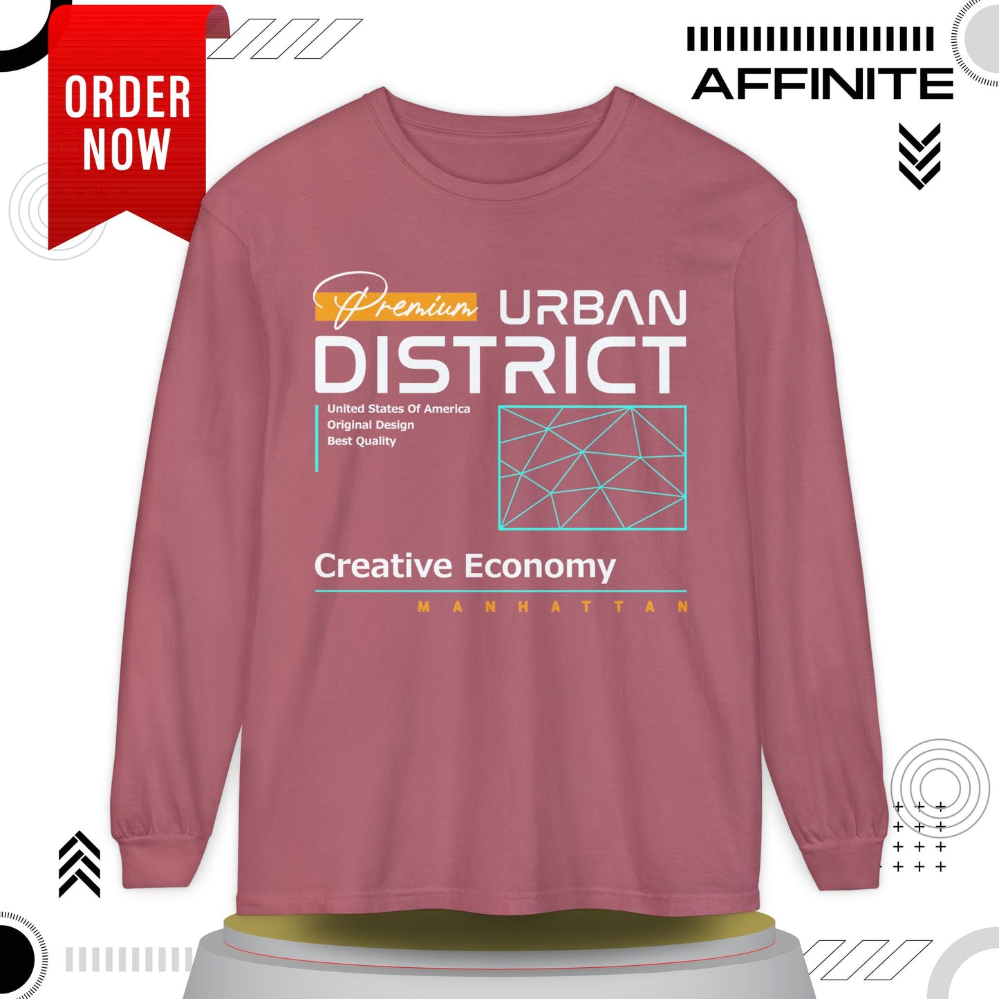 Long-sleeve Urban District Long Sleeve T-Shirt - Vintage Graphic Tee, Casual Wear, Creative Economy, Unisex Fashion, Gift for Art Lovers Crimson
