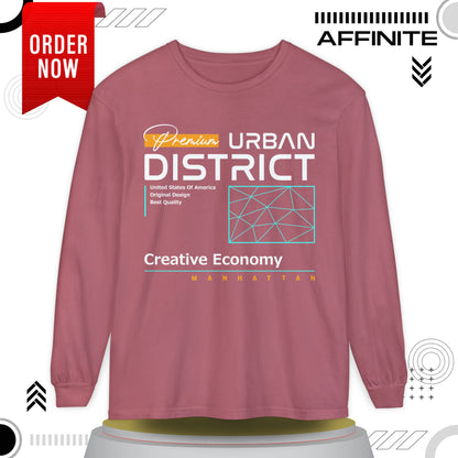 Long-sleeve Urban District Long Sleeve T-Shirt - Vintage Graphic Tee, Casual Wear, Creative Economy, Unisex Fashion, Gift for Art Lovers Crimson