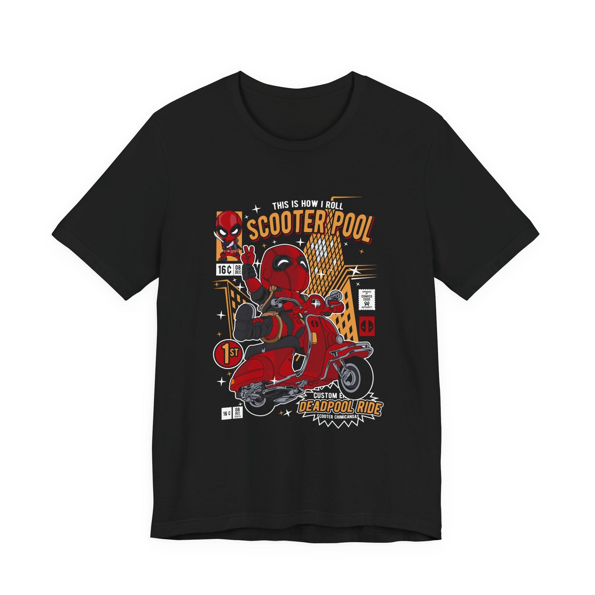 T-Shirt Deadpool Scooter Short Sleeve Tee – Fun, Unisex Graphic T-Shirt for Fans
