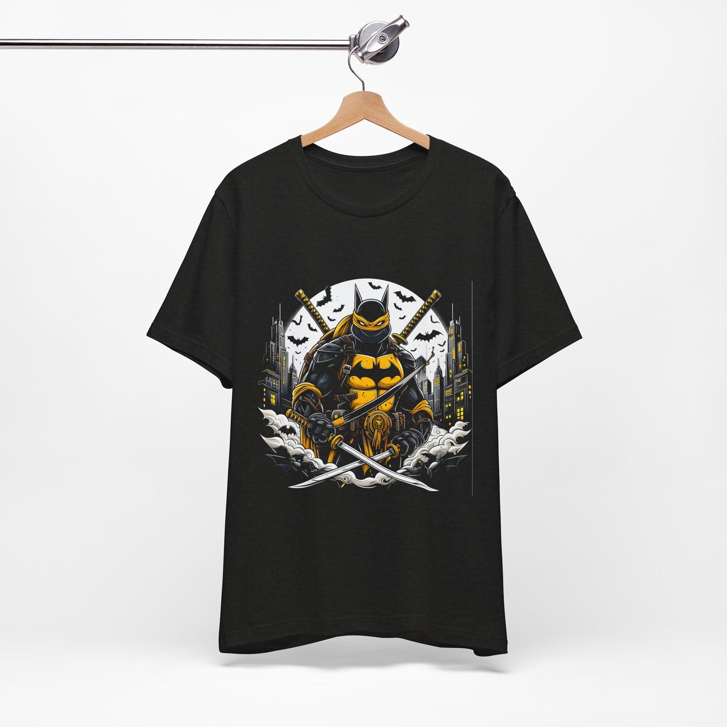 Front view of Ninja Batman tee (black) showing full chest graphic: ninja-style Batman with crossed katanas and city skyline