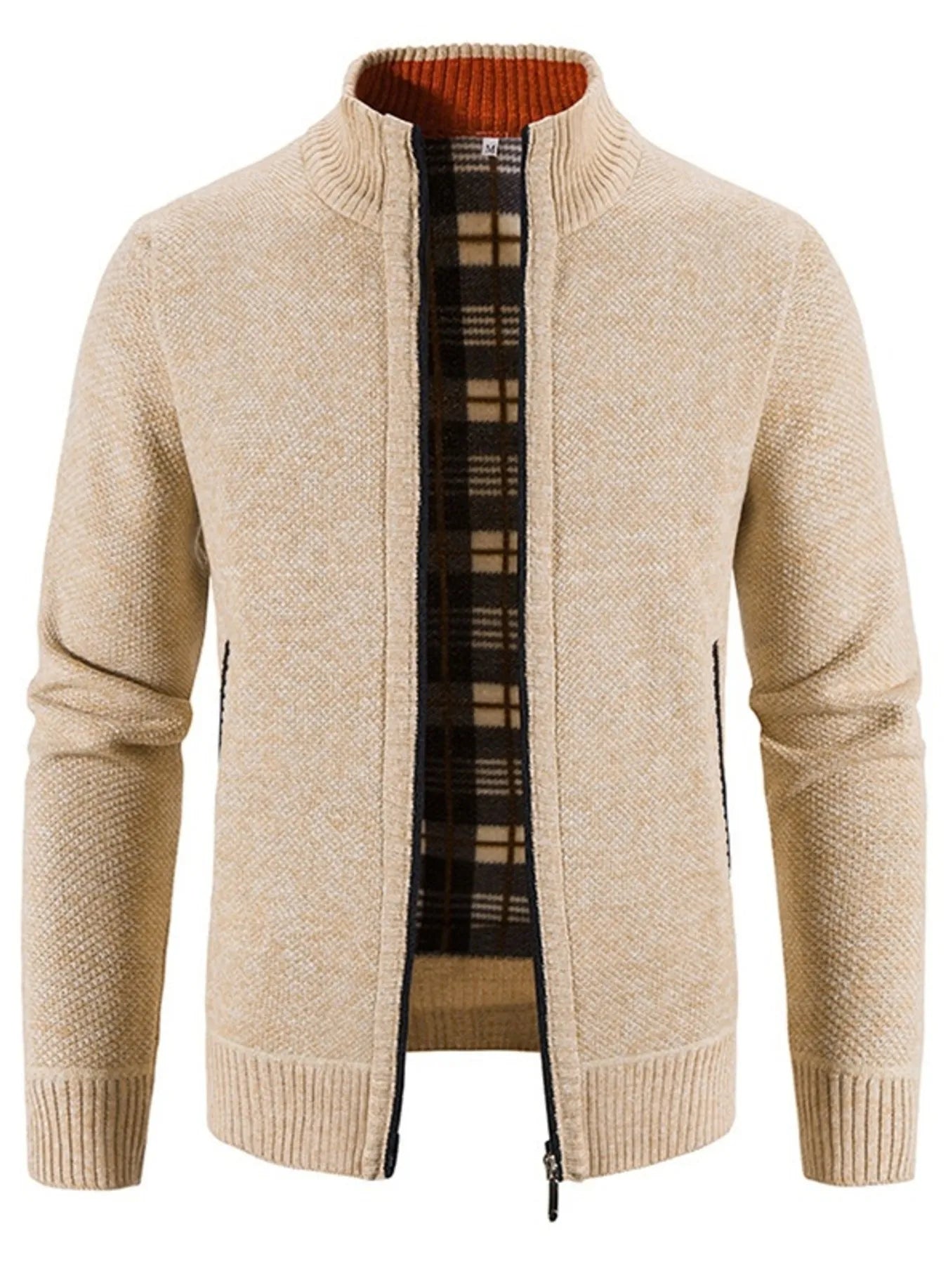Men's Plus Size Zip-Up Sweater Cardigan with Stand Collar Khaki Cardigan