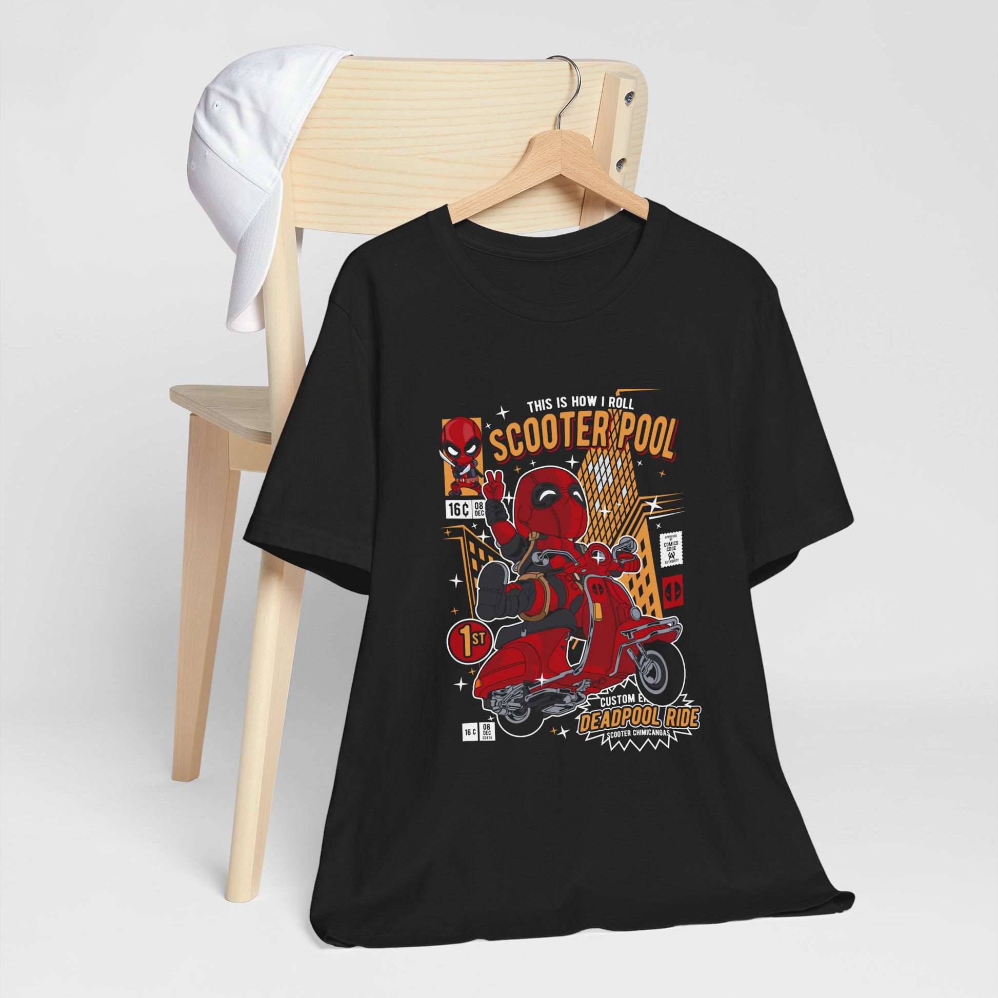 T-Shirt Deadpool Scooter Short Sleeve Tee – Fun, Unisex Graphic T-Shirt for Fans