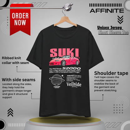 T-Shirt Unisex Graphic Tee - Suki's Pink Honda S2000 Design, Fast Car Anime T-Shirt, Retro Japanese by Bella+Canvas Black