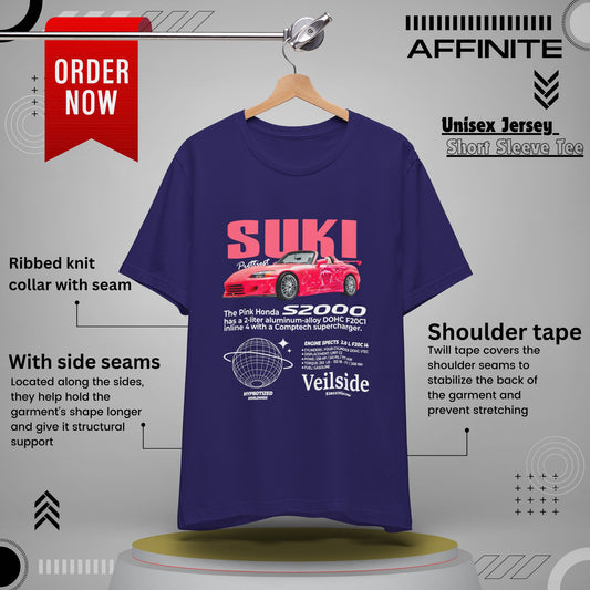 T-Shirt Unisex Graphic Tee - Suki's Pink Honda S2000 Design, Fast Car Anime T-Shirt, Retro Japanese by Bella+Canvas Team Navy