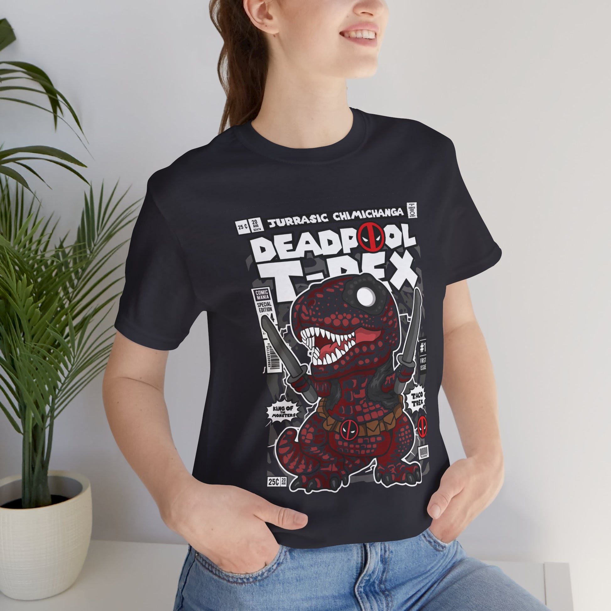 T-Shirt Deadpool T-Rex Unisex Jersey Tee - Fun Graphic T-Shirt for Comic Fans - Jurassic Chichanga