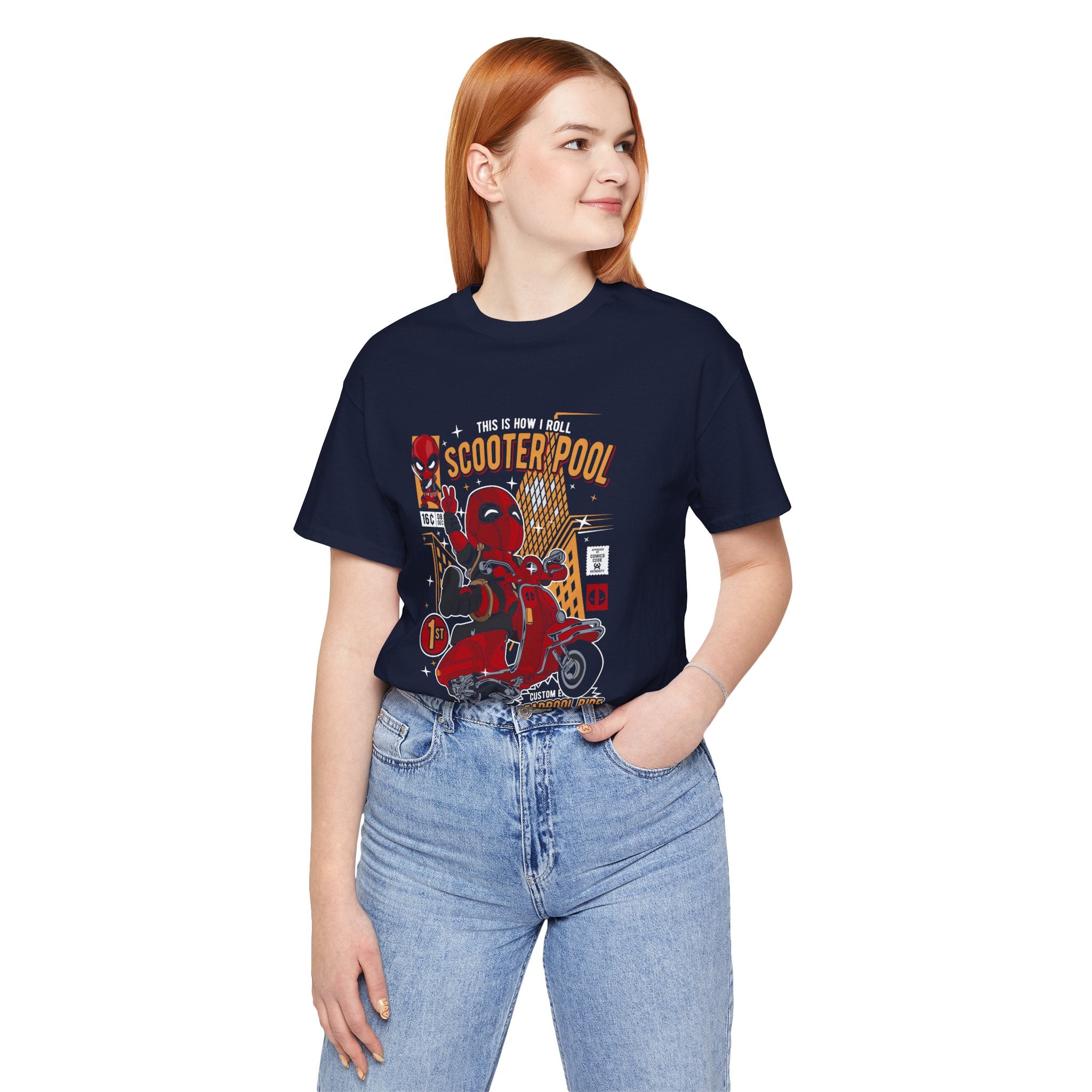 Deadpool Scooter Short Sleeve Tee – Fun, Unisex Graphic T-Shirt for Fans