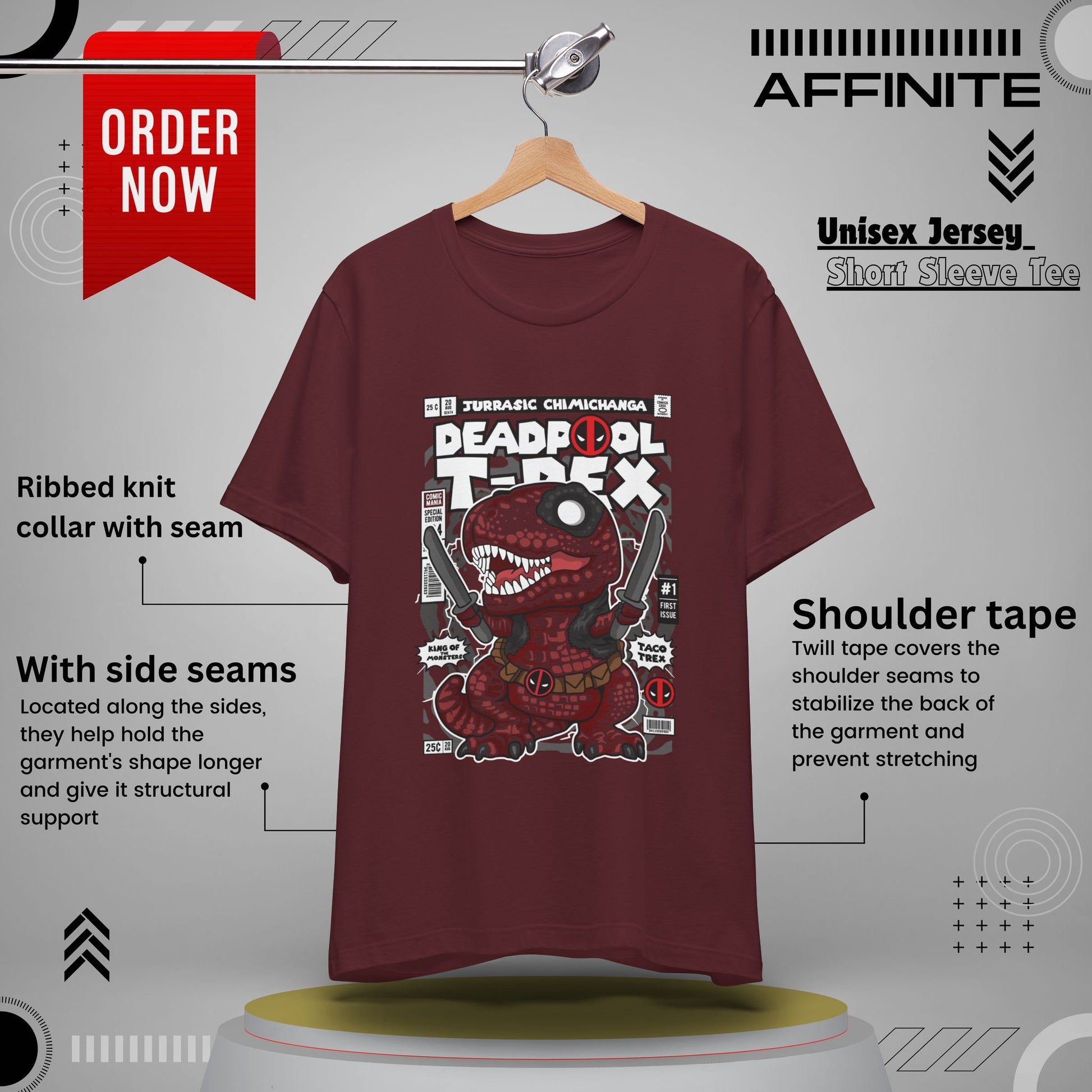 T-Shirt Deadpool T-Rex Unisex Jersey Tee - Fun Graphic T-Shirt for Comic Fans - Jurassic Chichanga Maroon