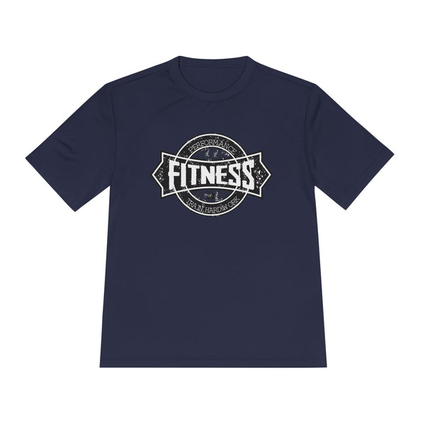 Navy blue moisture wicking fitness shirt with graphic design