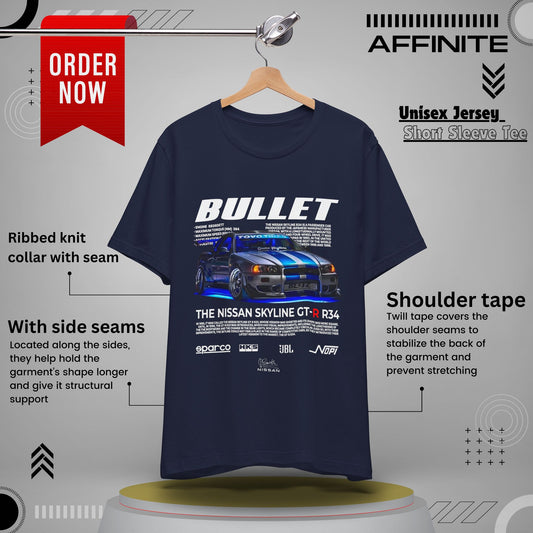 T-Shirt Nissan Skyline GT-R R34 Graphic Tee – Unisex Car Enthusiast T-Shirt – JDM Racing Gift for Him or Her Navy
