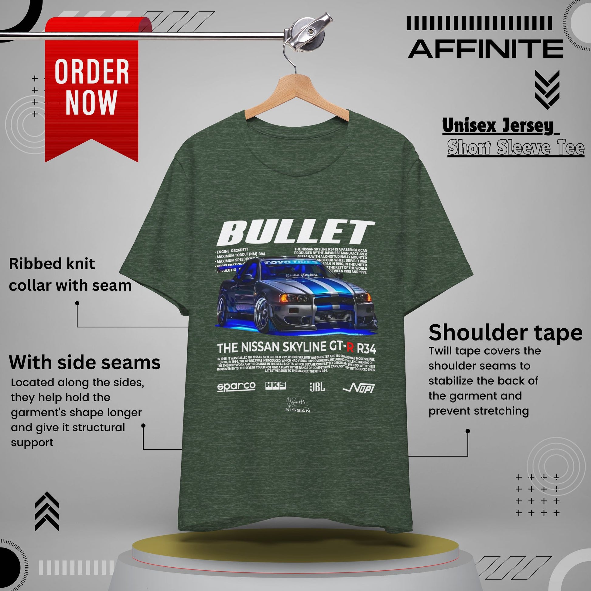T-Shirt Nissan Skyline GT-R R34 Graphic Tee – Unisex Car Enthusiast T-Shirt – JDM Racing Gift for Him or Her Heather Forest