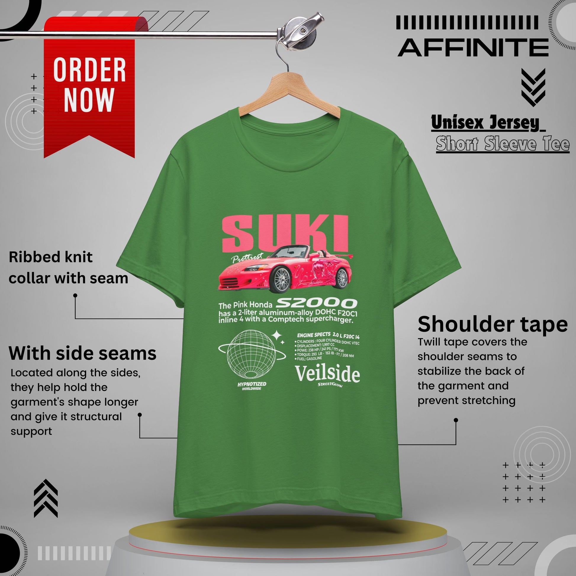 T-Shirt Unisex Graphic Tee - Suki's Pink Honda S2000 Design, Fast Car Anime T-Shirt, Retro Japanese by Bella+Canvas Leaf