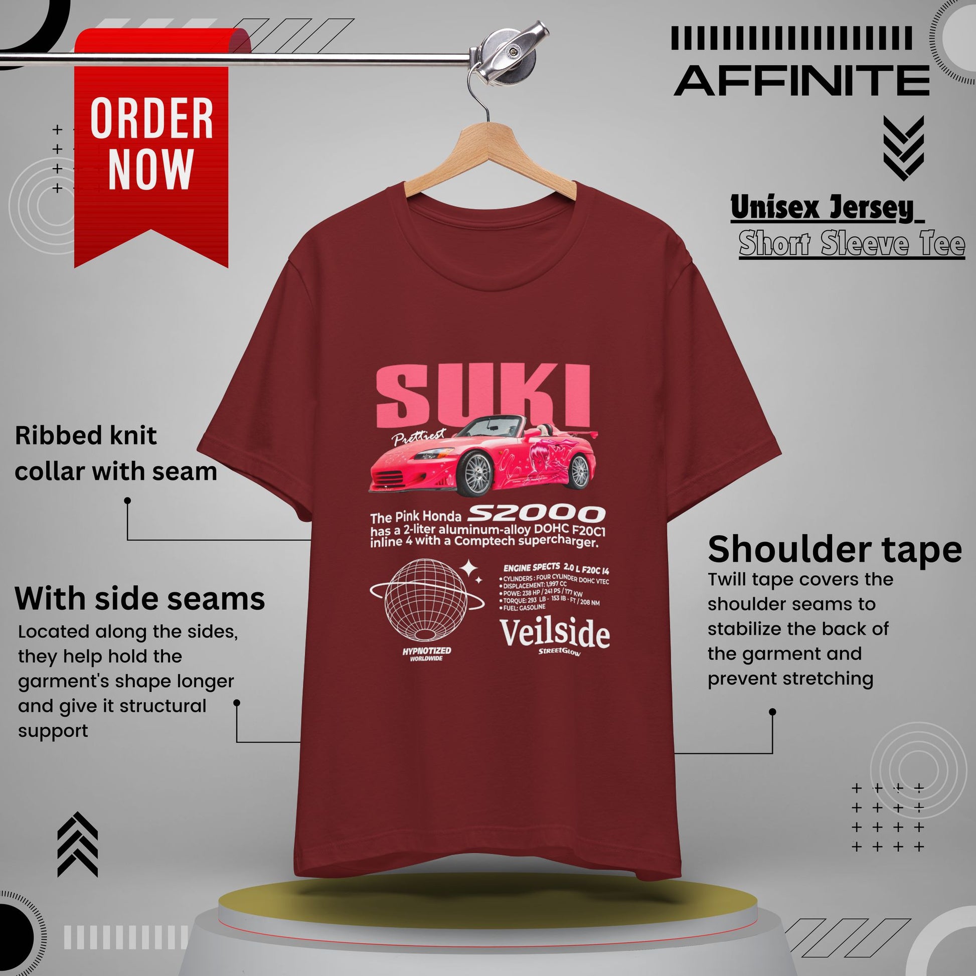 T-Shirt Unisex Graphic Tee - Suki's Pink Honda S2000 Design, Fast Car Anime T-Shirt, Retro Japanese by Bella+Canvas Cardinal