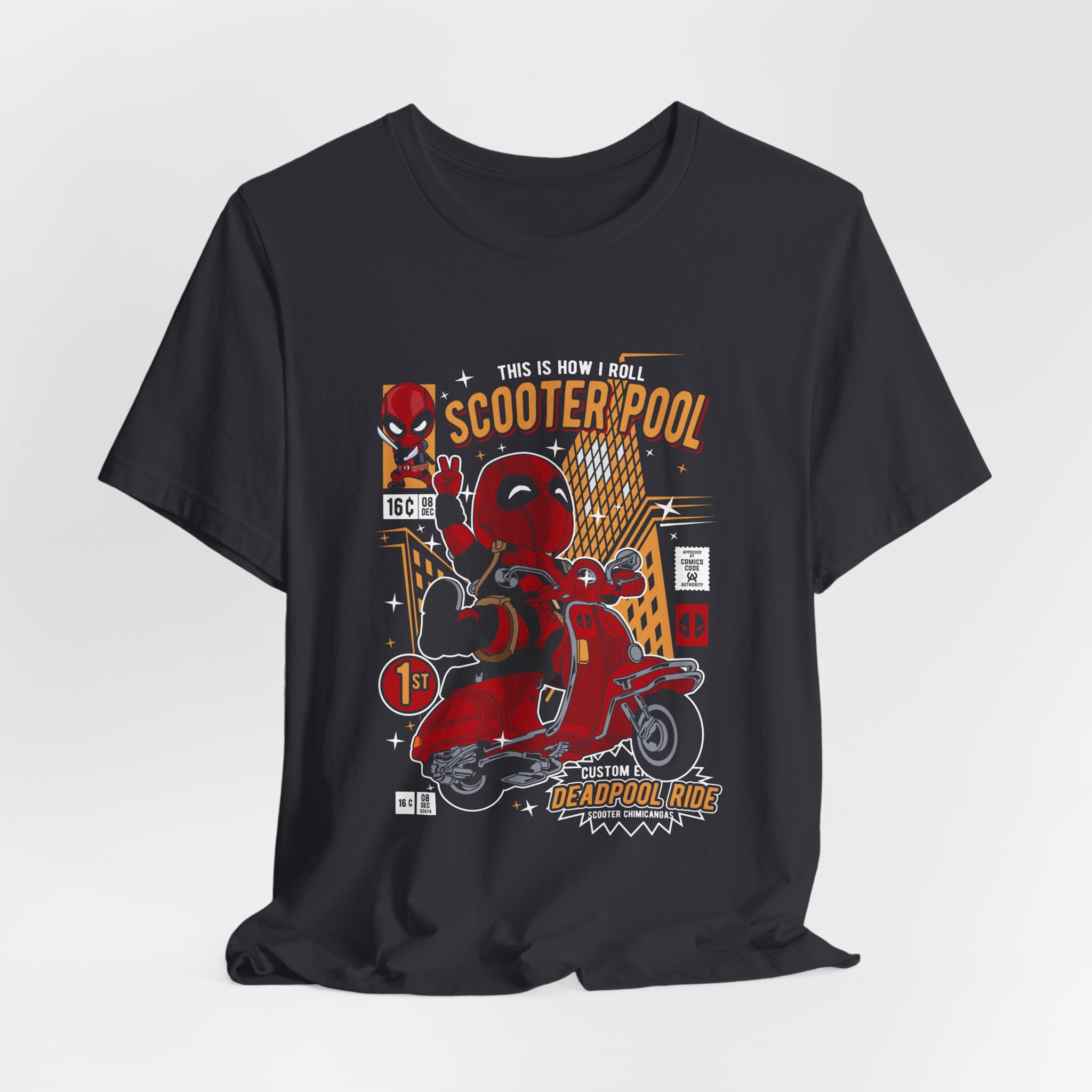 Deadpool Scooter Short Sleeve Tee – Fun, Unisex Graphic T-Shirt for Fans