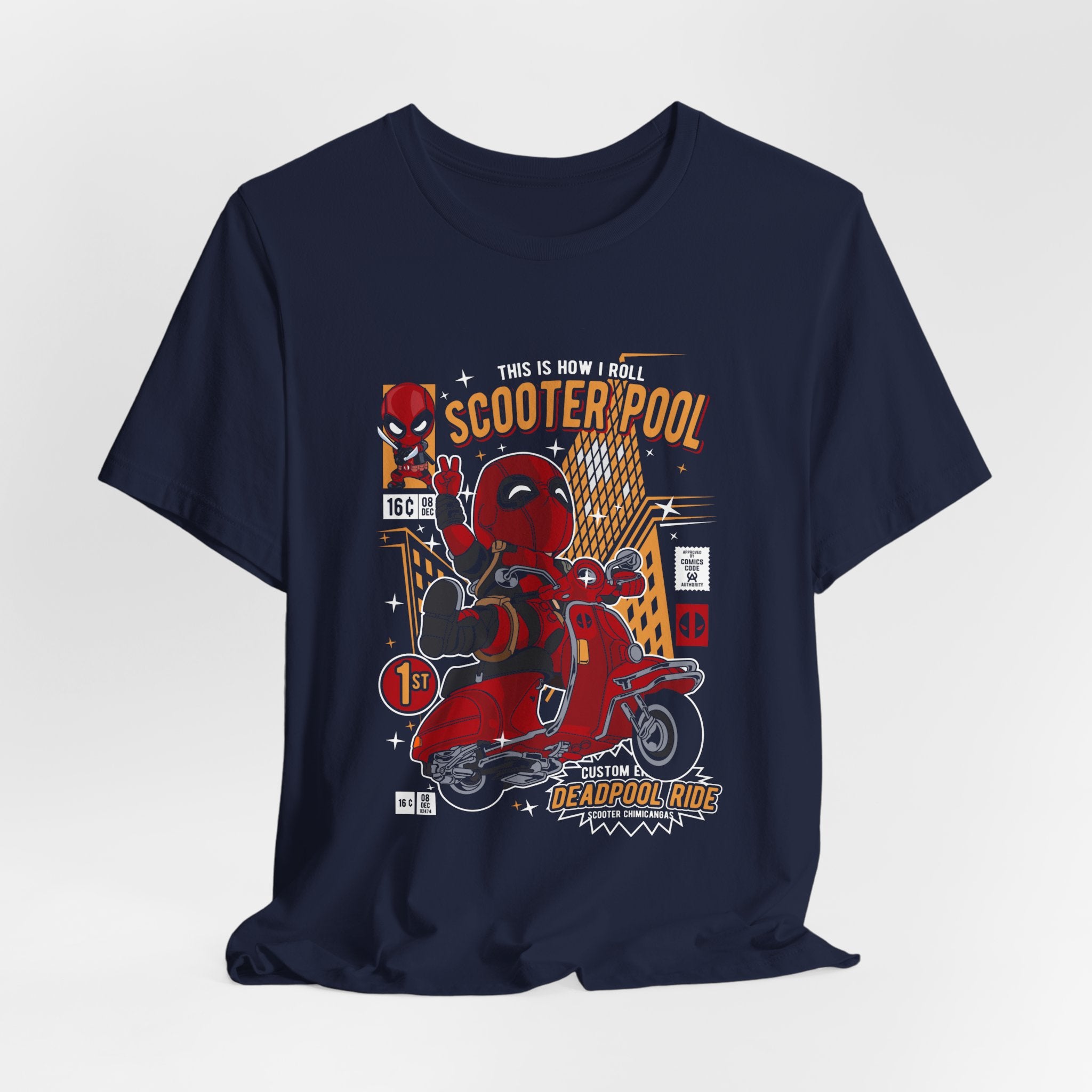 Deadpool Scooter Short Sleeve Tee – Fun, Unisex Graphic T-Shirt for Fans