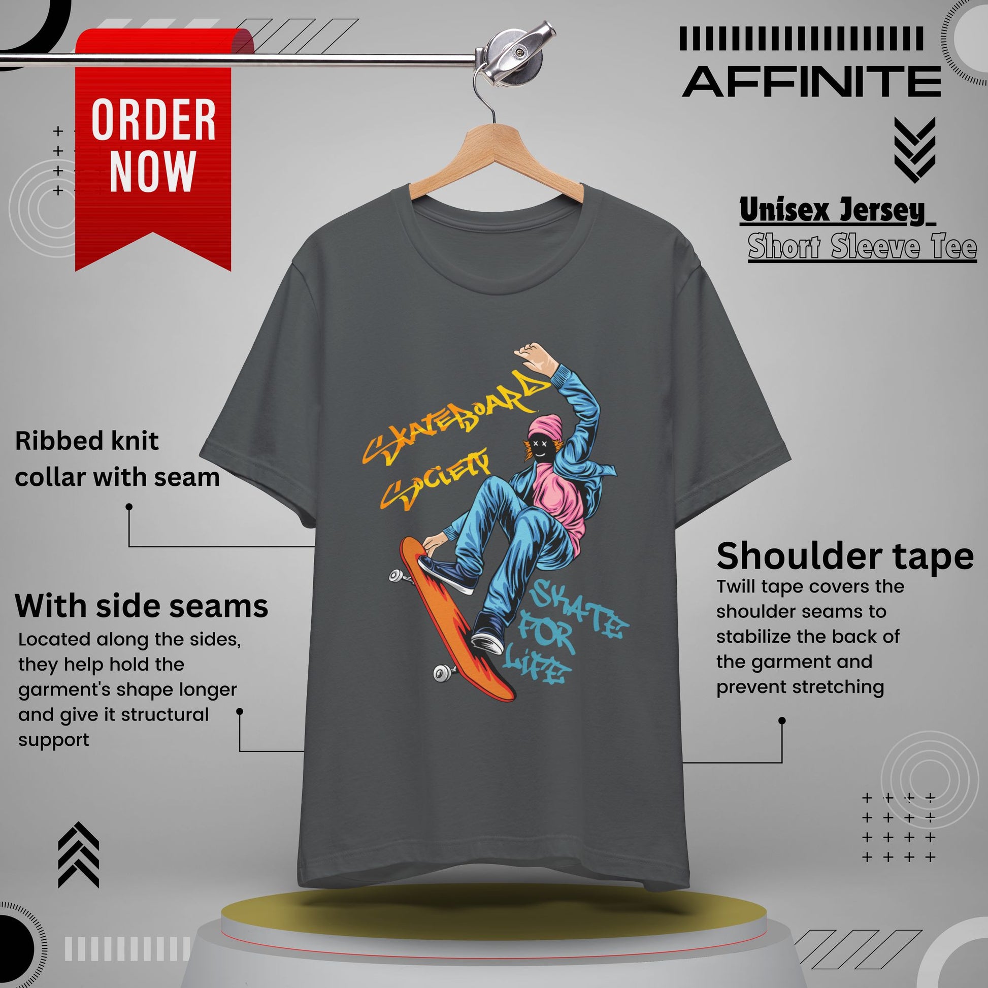 T-Shirt Skateboard Society Unisex Tee - Vibrant Orange Graphic T-Shirt for Skate Enthusiasts Asphalt