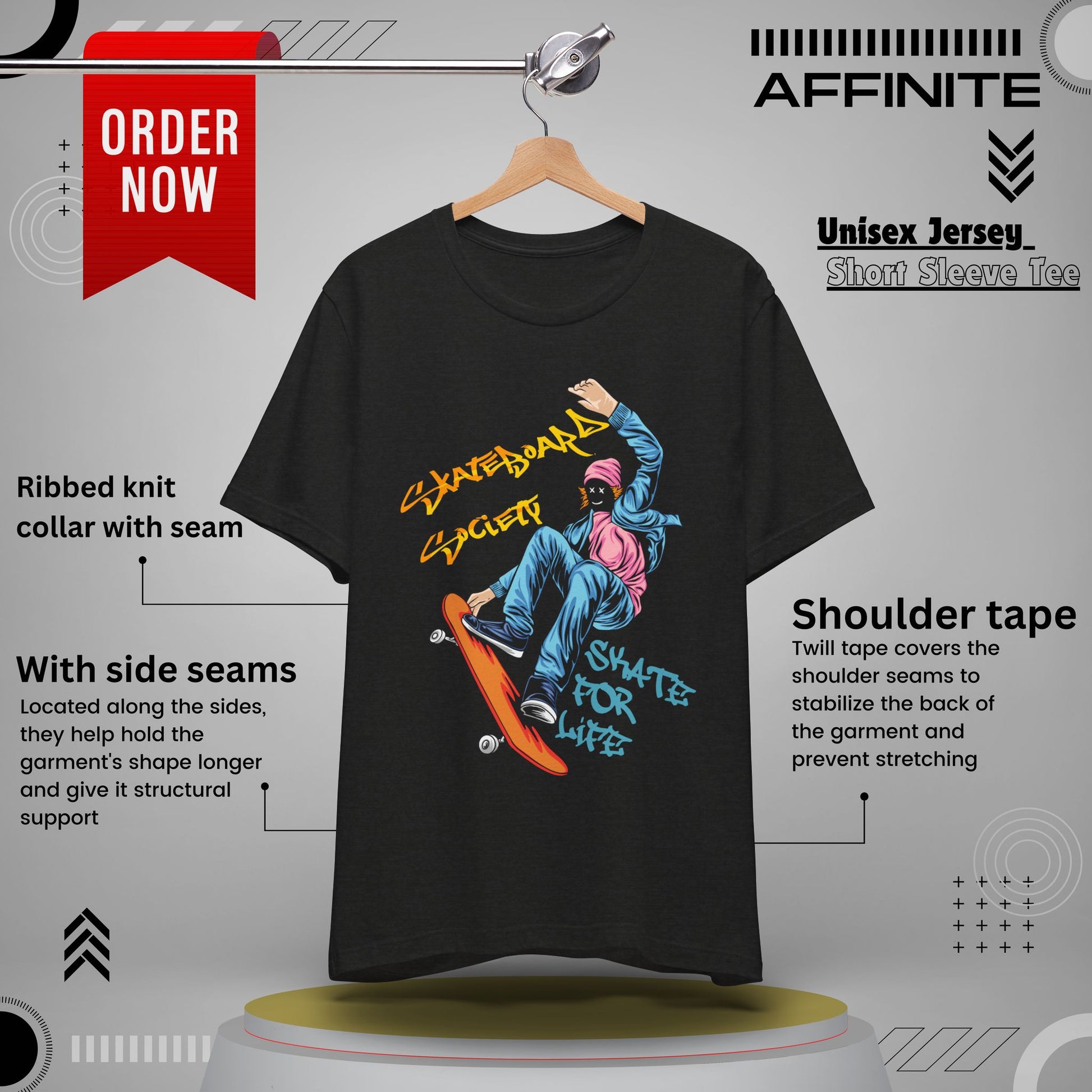 T-Shirt Skateboard Society Unisex Tee - Vibrant Orange Graphic T-Shirt for Skate Enthusiasts Black Heather