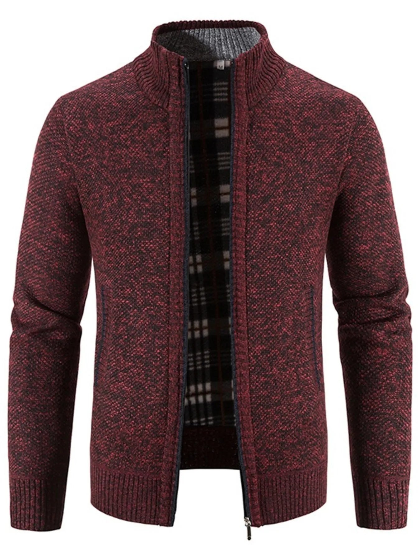 Men's Plus Size Zip-Up Sweater Cardigan with Stand Collar Burgundy Cardigan