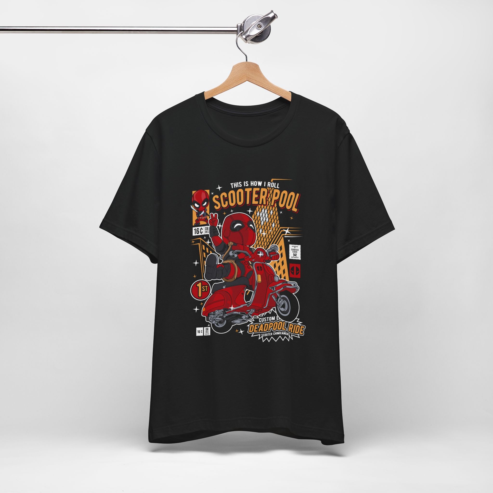 Deadpool Scooter Short Sleeve Tee – Fun, Unisex Graphic T-Shirt for Fans