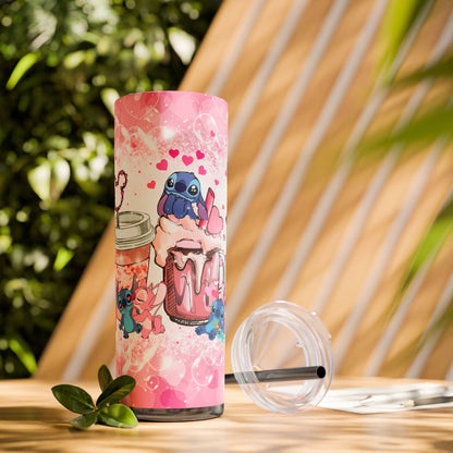 Tumblers Cute Stitch Cartoon Skinny Tumbler with Straw - 20oz - Pink Love Theme