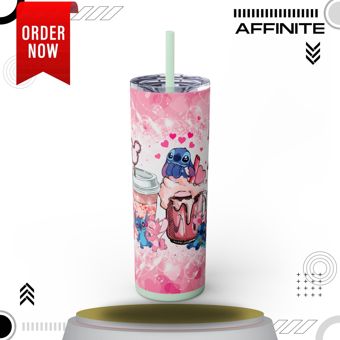 Tumblers Cute Stitch Cartoon Skinny Tumbler with Straw - 20oz - Pink Love Theme