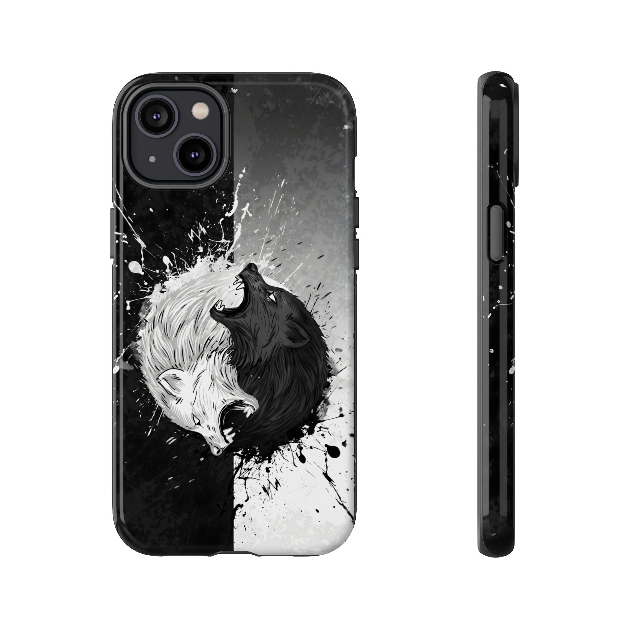 Yin Yang Wolf Phone Case - Dual Layer Protective Cover iPhone 14 Plus Glossy Tough Cases