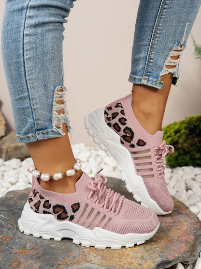 Mesh Athletic Shoes Cutout Leopard Lace Up Mesh Athletic Shoes – Leopard Athletic Shoes Dusty Pink
