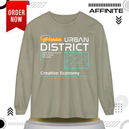 Long-sleeve Urban District Long Sleeve T-Shirt - Vintage Graphic Tee, Casual Wear, Creative Economy, Unisex Fashion, Gift for Art Lovers Sandstone
