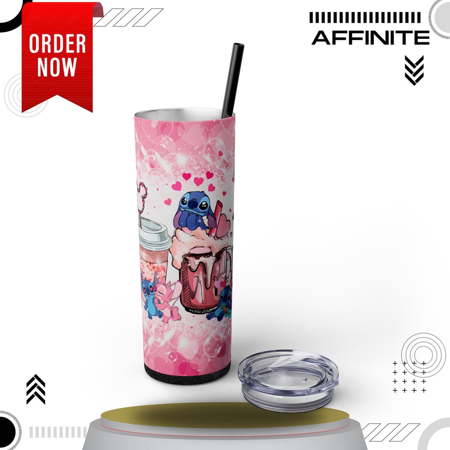 Tumblers Cute Stitch Cartoon Skinny Tumbler with Straw - 20oz - Pink Love Theme