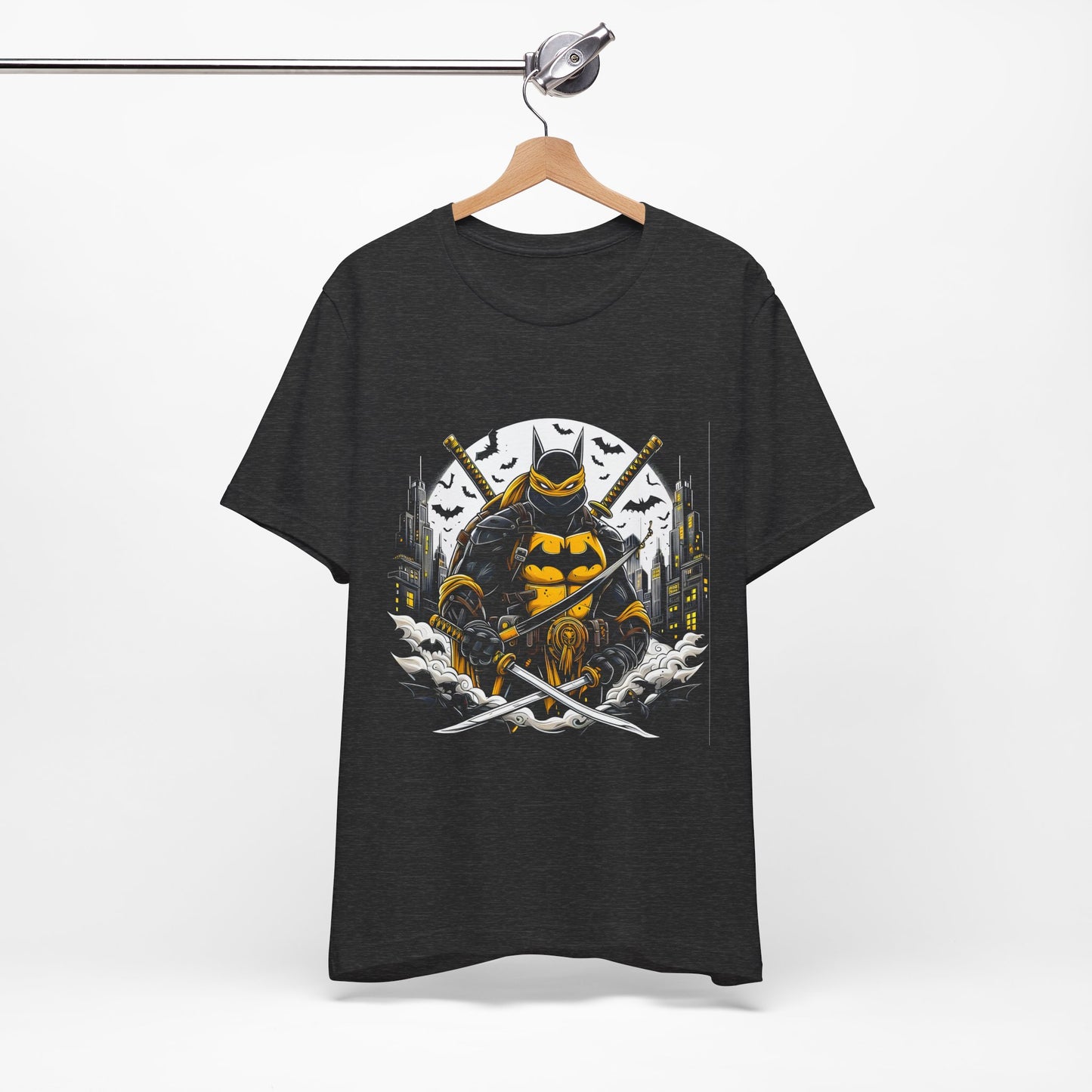 Black heather variant showing fabric texture and neckline of Ninja Batman tee