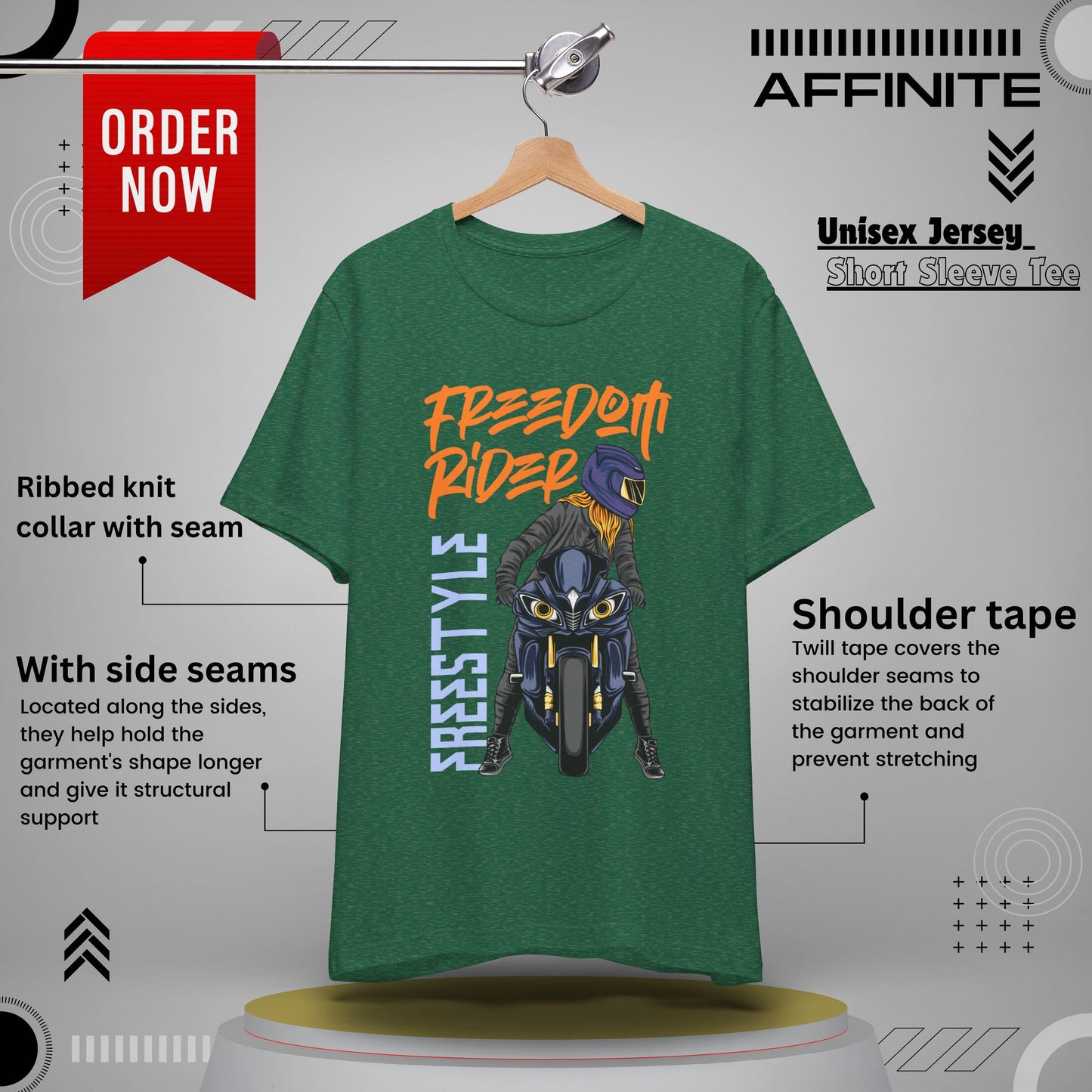 T-Shirt Freedom Rider Motorbike Unisex Short Sleeve Tee - Stylish & Bold Biker Tee Heather Grass Green