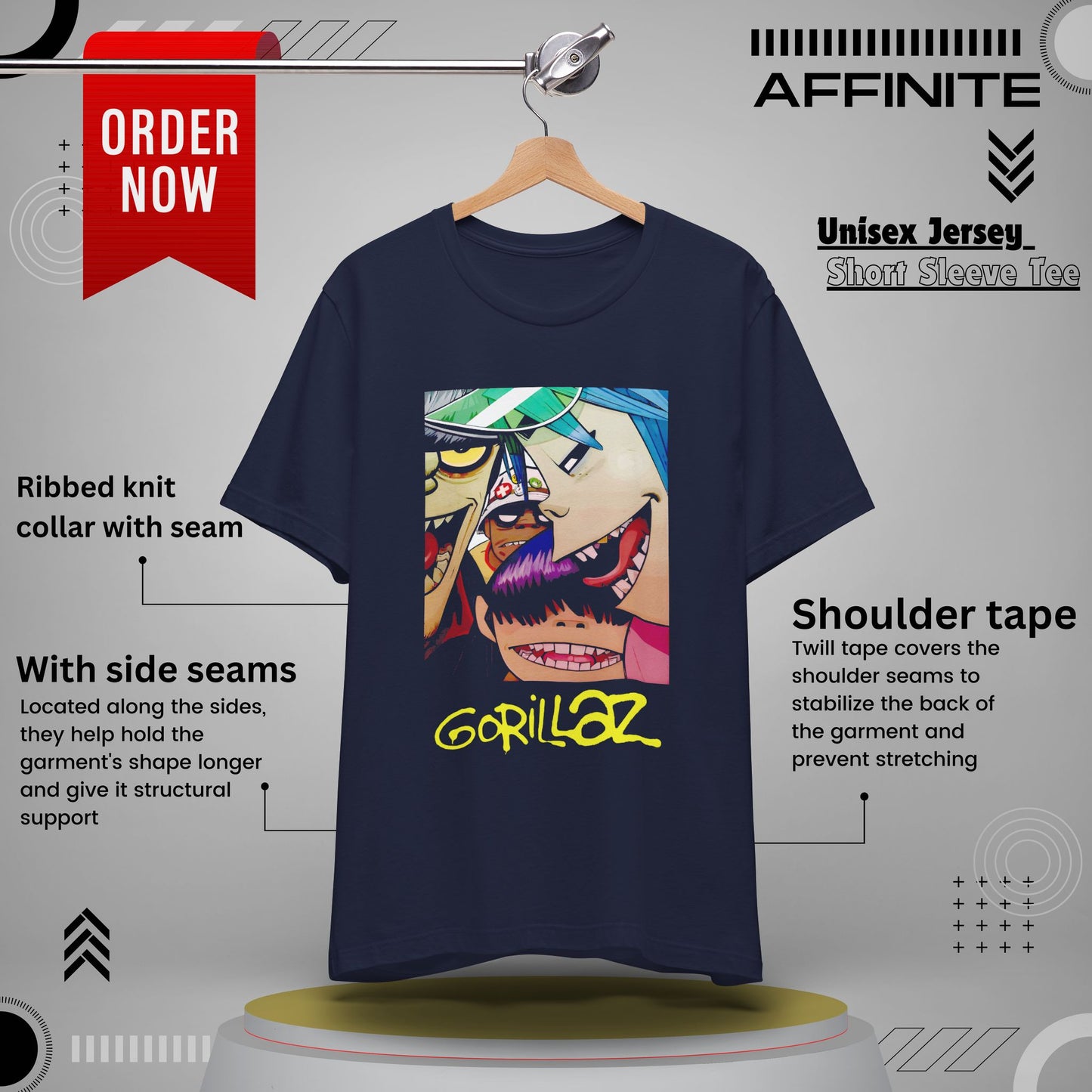 T-Shirt Gorillaz T-Shirt - Streetwear Unisex Band Tee for Music Fans (100% Cotton) Navy