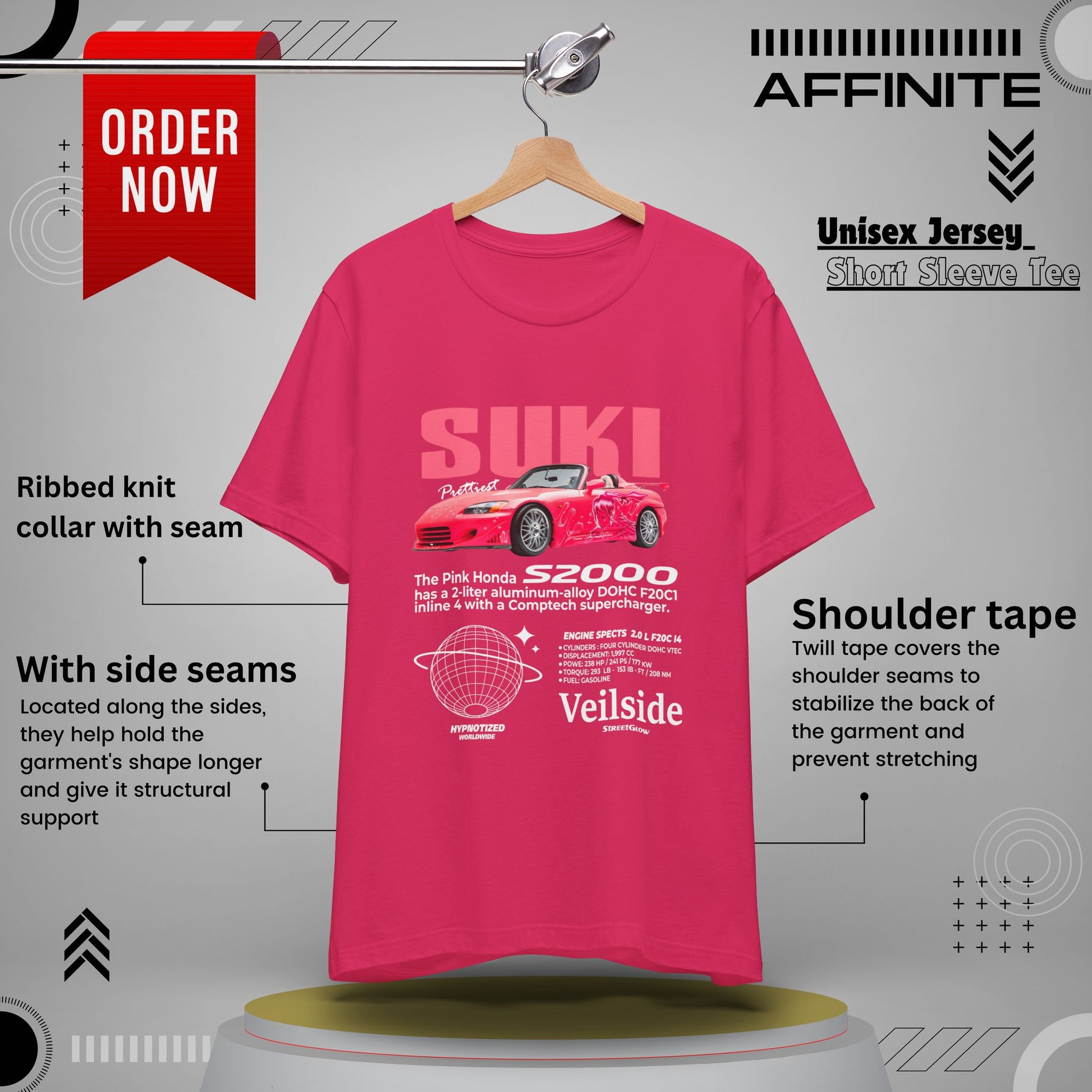 T-Shirt Unisex Graphic Tee - Suki's Pink Honda S2000 Design, Fast Car Anime T-Shirt, Retro Japanese by Bella+Canvas Fuchsia